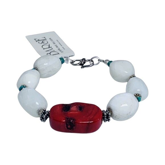 Barse White Druzy Red Coral Chunky Bracelet 7" 925 Sterling Sliver Bohemian - Picture 7 of 12